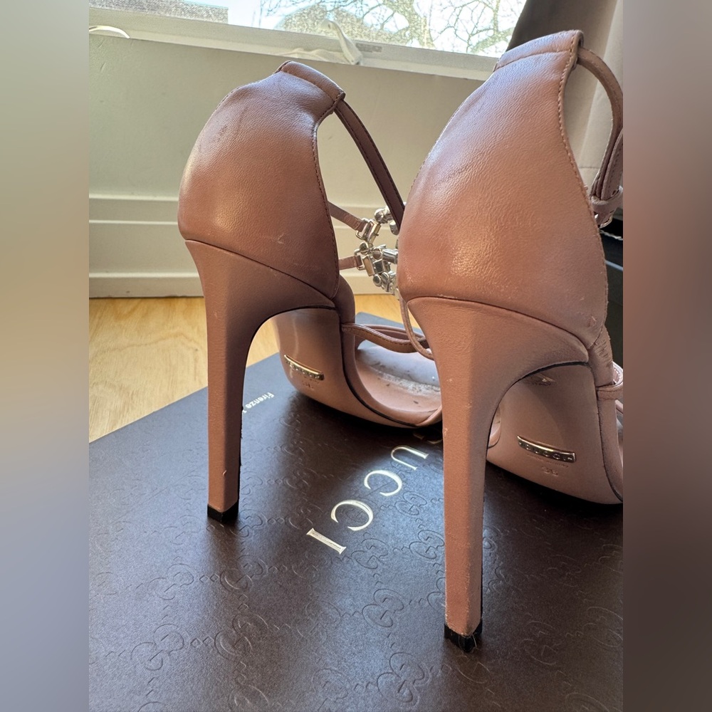 GUCCI | GG Crystal Embellished Nude Leather High Heel Strappy Sandal EU 36 US 6 - Picture 8 of 10